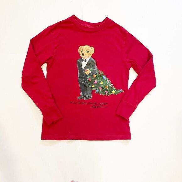 Ralph Lauren Christmas Tree Bear Cotton T-Shirt long sleeve size 8 - Picture 1 of 5